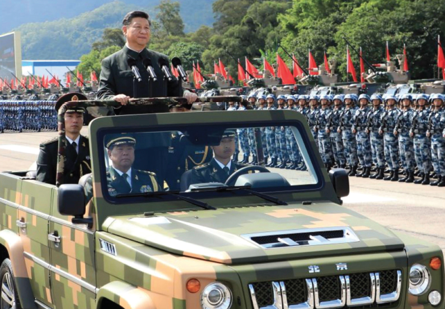 Chinese President Xi Jinping inspects Hong Kong Garrison of Chinese People’s Liberation Army at Shek Kong Barracks, in Hong Kong, June 30,2024 (Xinhua/Pictorial Press, Ltd./Alamy)